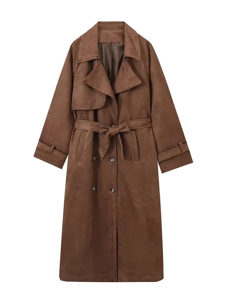 uhbkezy Brown Faux Suede Trench Coat Women Long Suede Leather Jacket 2025 Fall Winter Coats Warm Double Breasted Blazer Pea Coat Overcoat with Belt (Brown,S)