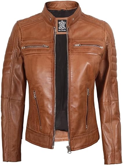 Blingsoul Disc Cafe Racer Leather Jacket For Women | [1313714] Cafe Racer Tan, L