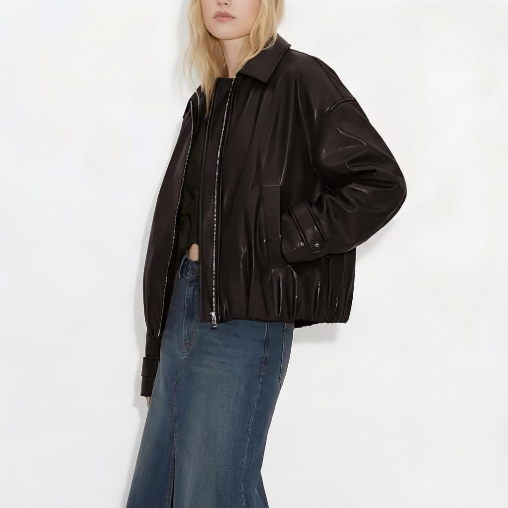 VKXJA Oversized Faux Leather Bomber Jacket for Women – Zip-Up Aviator Flight Coat, Relaxed Fit Streetwear Outerwear (US, Alpha, Medium, Regular, Regular, Brown)