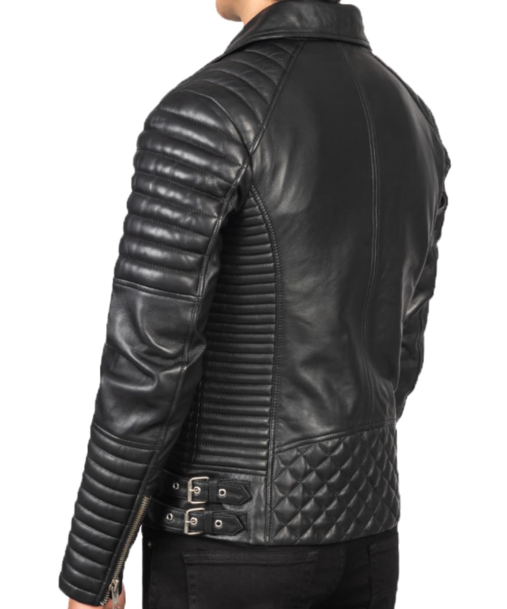 USTRADEENT 2024 Genuine Leather Biker Jacket for Men - 100% Lambskin Leather Biker Brown Vintage Jacket… (US, Alpha, X-Large, Regular, Regular, Black)
