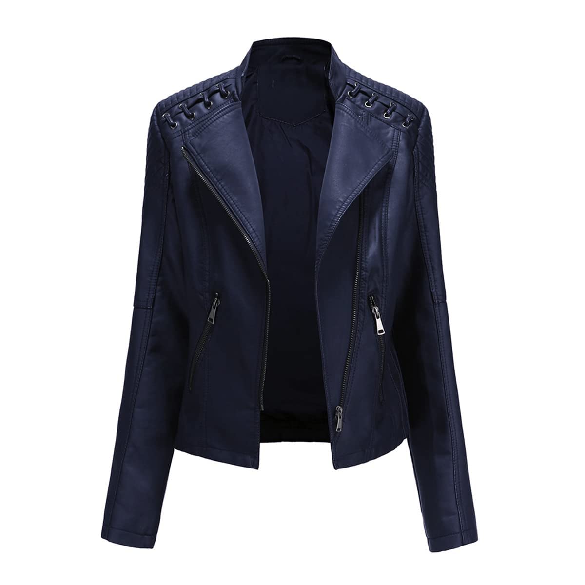 MODFUL Women's Faux Leather Moto Jacket Casual Short Solid Color PU Biker Coat with Pockets(Navy,Large)