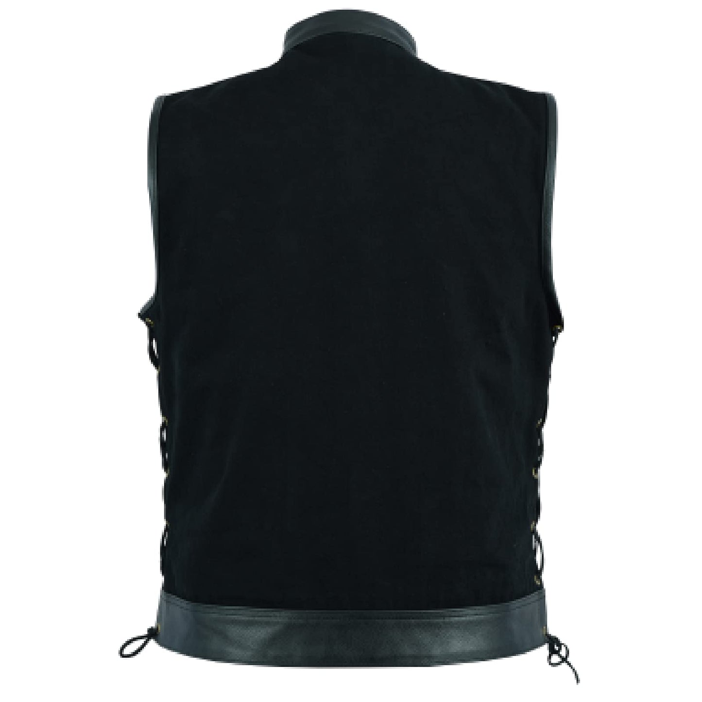 Leatherick Mens Side Lace Black Denim Vest with Leather Trims for Motorcycle Bikers (XL)