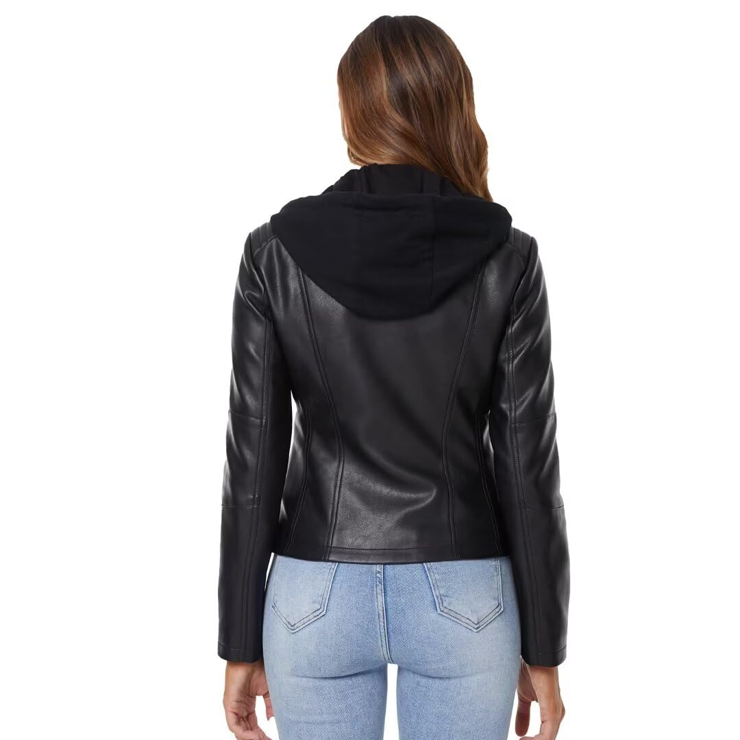 DIASHINY Faux Leather Jacket For Women Removable Hooded Moto Biker Coat Black M