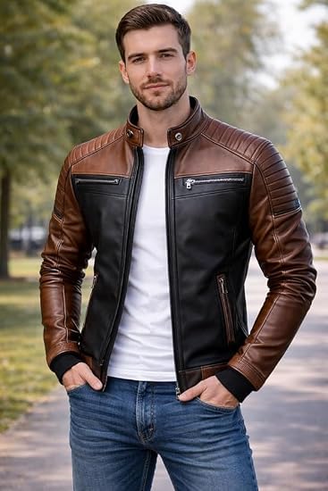 A-star plus Genuine Leather Men's cafe racer jacket Sheepskin Stand Collar Trucker real leather Jacket