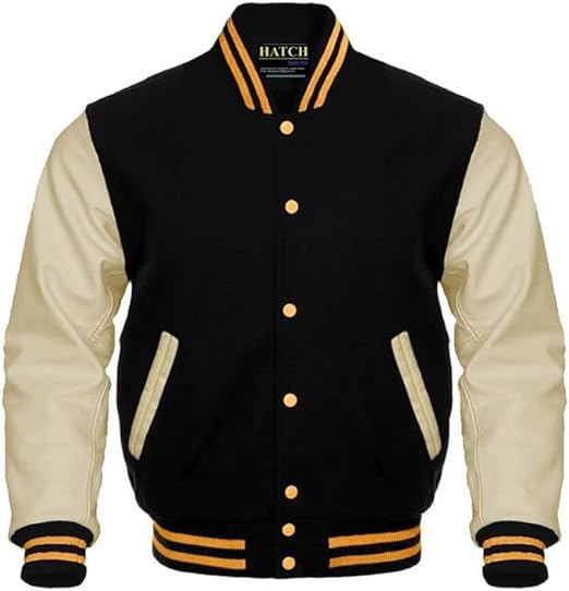 Hatch Sports Men's Classic Varsity Jacket Genuine Leather Sleeve and Wool Blend Letterman Boys College Varsity Jackets (US, Alpha, 3X-Large, Regular, Regular, Cream Black Gold)