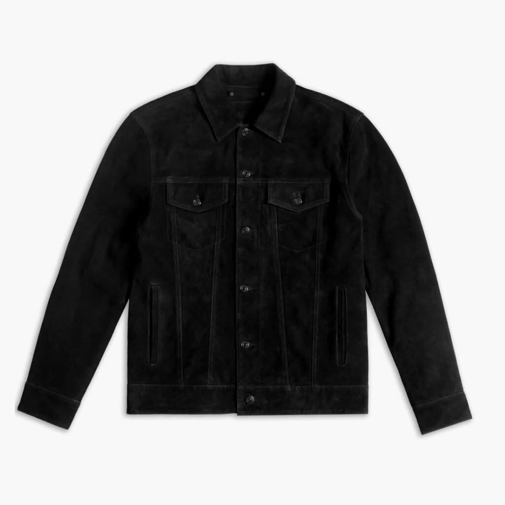 Isaac & David Chicago Vintage Trucker Suede Leather Jacket Men - Denim Biker Cafe Racer Causal Jacket Western Cowboy (US, Alpha, XX-Large, Regular, Regular, Black)