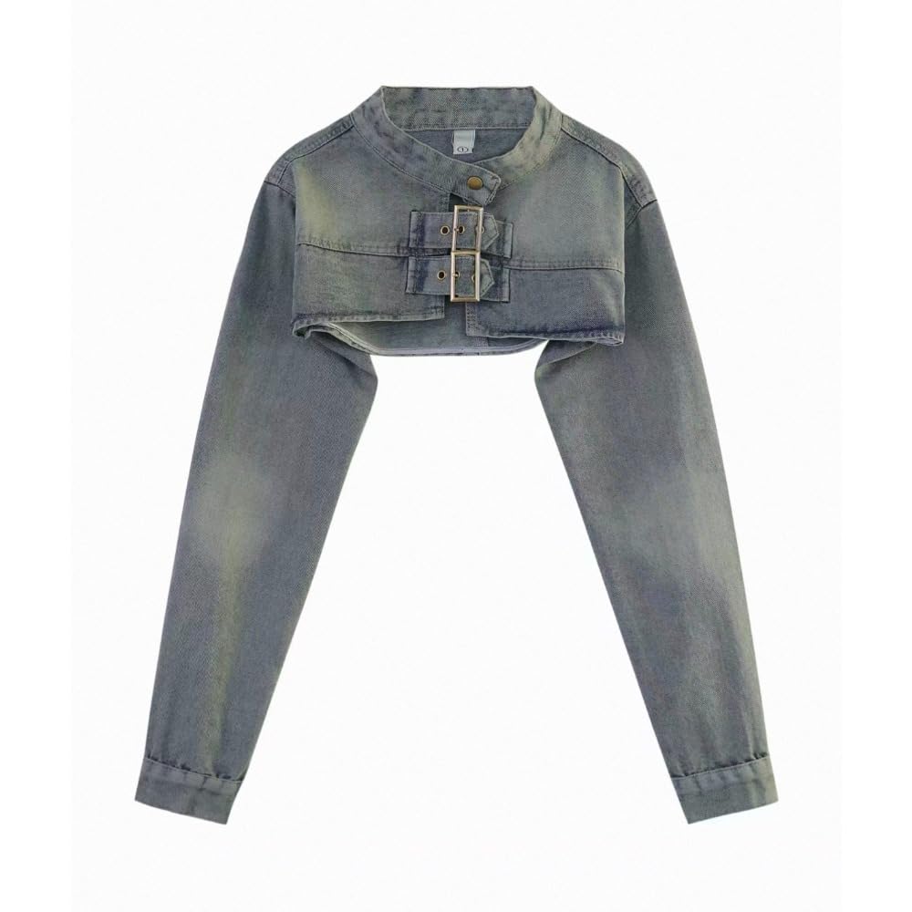 Xojbzoo Women's Y2K Belted Black Motorcycle Jacket Pleated Long Sleeve Super Short Coat Trendy Summer Fashion (US, Alpha, Small, Regular, Regular, Blue)