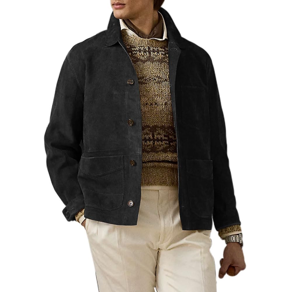 Suede Leather Jacket Men – Real Lambskin Suede Casual Leather Jackets For Men - Mens Suede Jacket (US, Alpha, Large, Regular, Regular, Black)