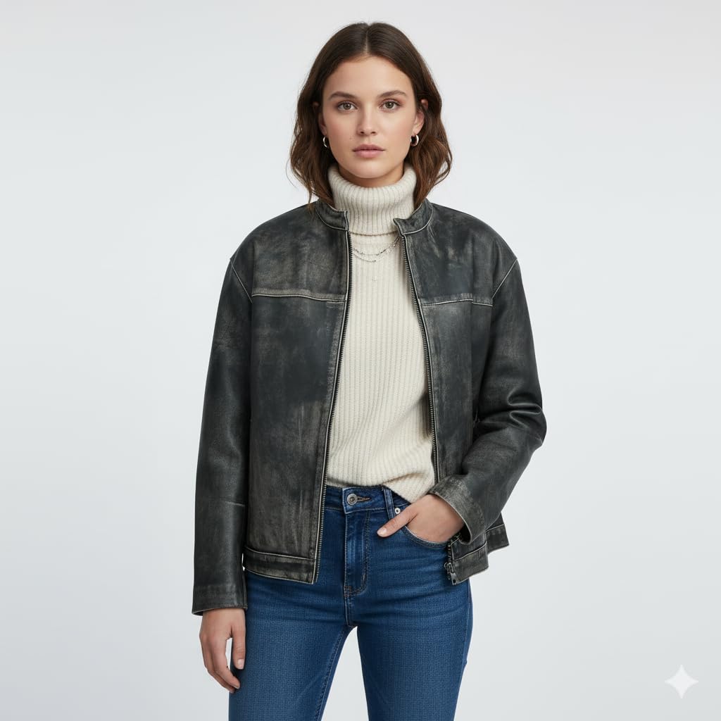 Women’s Oversized Vintage Leather Bomber Jacket – Genuine Lambskin, Distressed, Drop-Shoulder, Zip-Front (Medium)