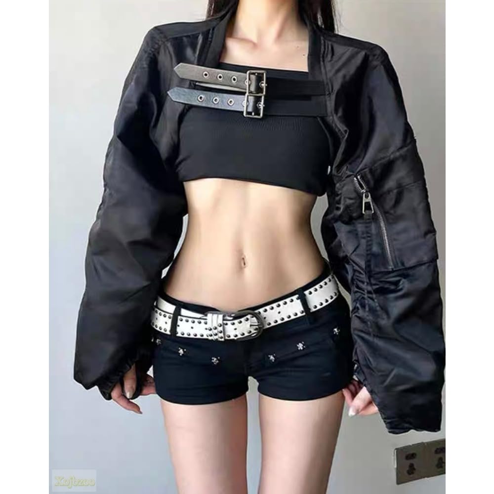 Xojbzoo Women's Y2K Belted Black Motorcycle Jacket Pleated Long Sleeve Super Short Coat Trendy Summer Fashion (Black,Small)
