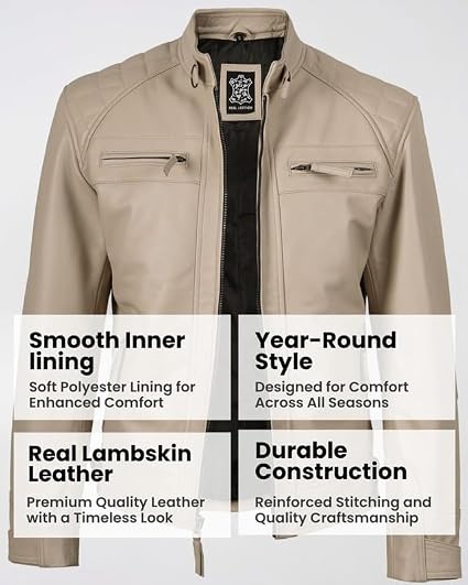 Blingsoul Stylish Men's Leather Motorcycle Jacket | [1124213] D-1 Beige, M