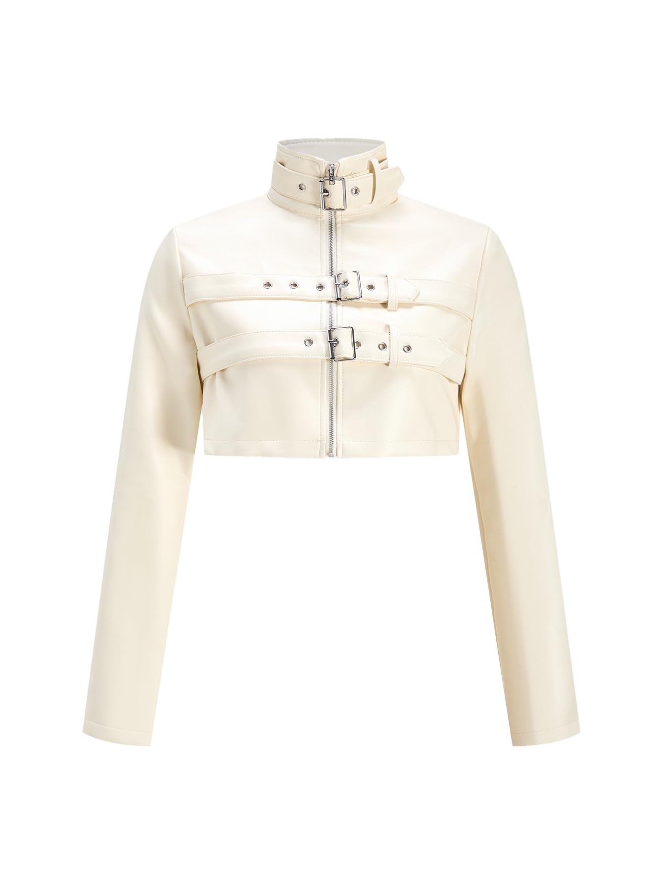 winkbay Women's Zip Up Cropped Motorcycle Jacket Y2k Leather Bomber Jackets Streetwear Beige Medium