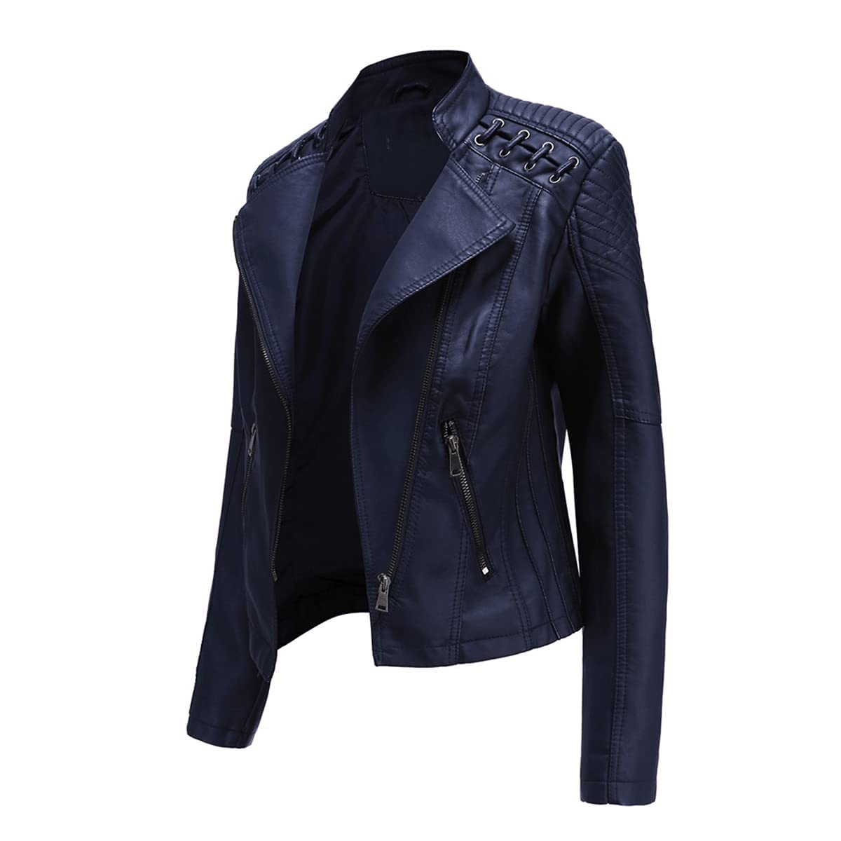 MODFUL Women's Faux Leather Moto Jacket Casual Short Solid Color PU Biker Coat with Pockets(Navy,Large)