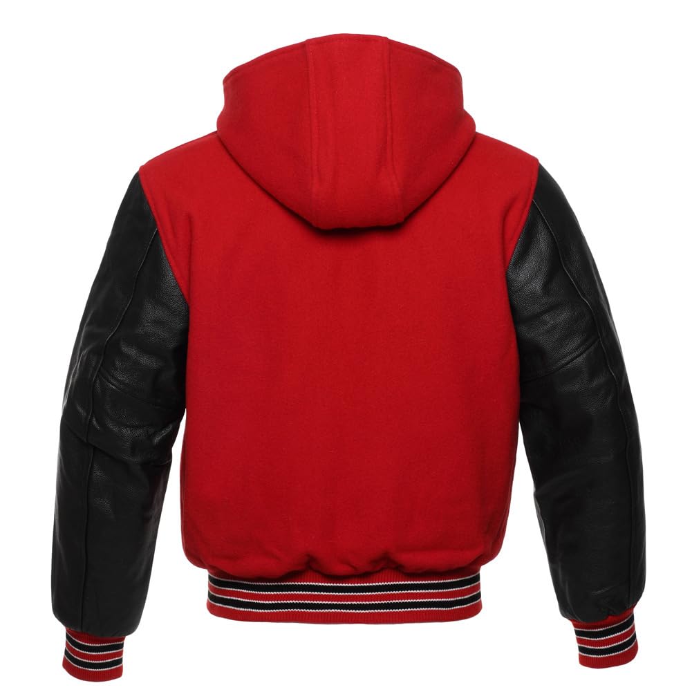 GOKTOG Mens Varsity Jackets Baseball Letterman Wool Body Genuine Leather Sleeves Bomber Jacket with Hood (US, Alpha, Large, Regular, Regular, Red and Black Varsity Jacket Men with Hood)