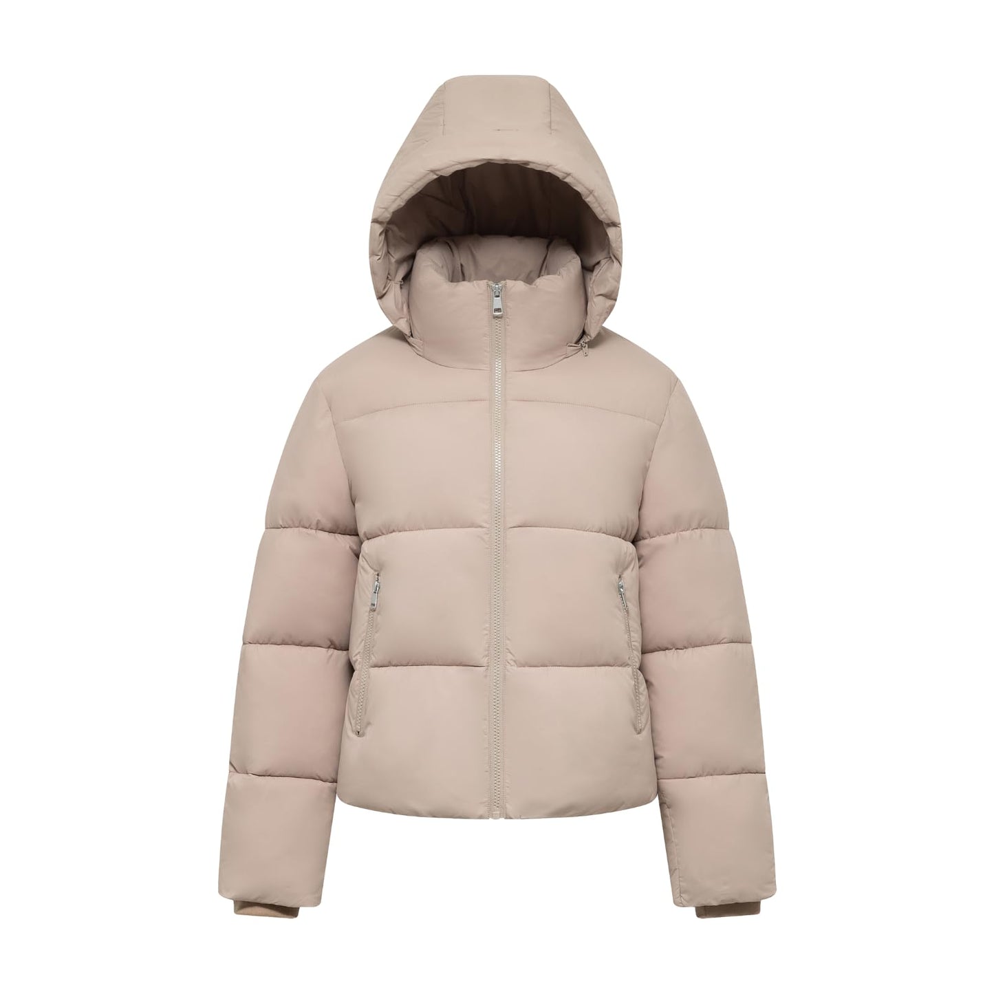 PUFFIT Women's Cropped Puffer Jackets,Warm Winter Jacket with Removable Hood,Zipped Pockets,Short Ladies Quilted Coat
