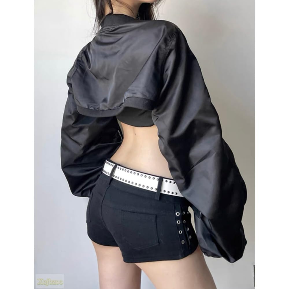 Xojbzoo Women's Y2K Belted Black Motorcycle Jacket Pleated Long Sleeve Super Short Coat Trendy Summer Fashion (Black,Small)