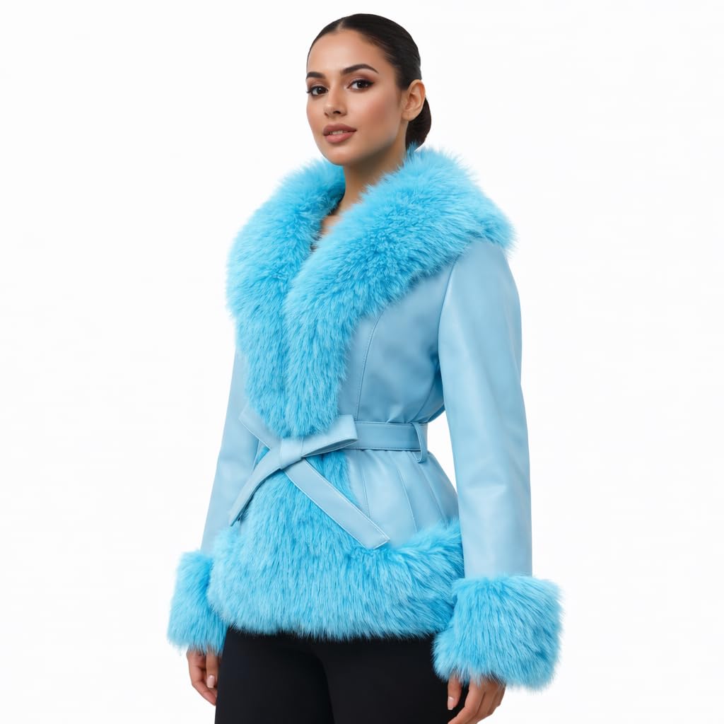 DLNYC Waist Length Warm Winter Vegan Leather Jacket with Faux Fur Trim (US, Alpha, Large, Regular, Regular, Blue)