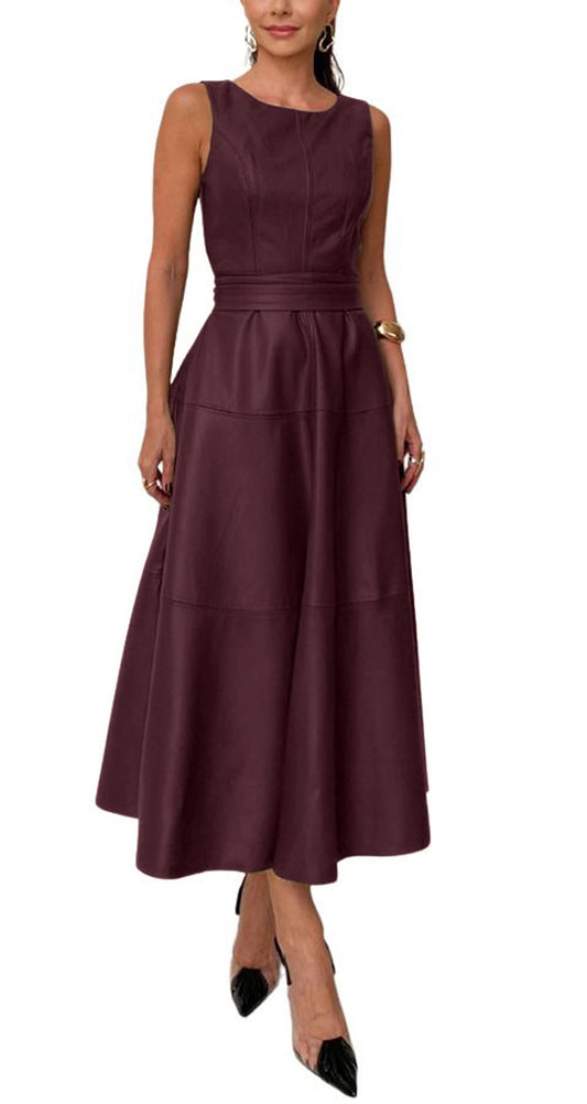 CHARTOU Women PU Faux Leather Sleeveless Elegant Flowy Long Dress Party Night Out Dress with Belt (Large, Red)