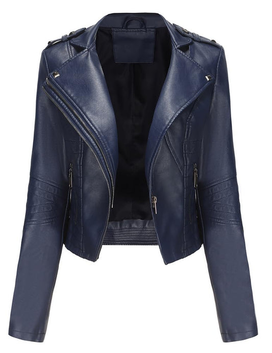 Sister Amy Women PU Leather Jacket Women Bomber Jacket Cropped Zipper Jacket Moto Coat Dark Blue X-Small