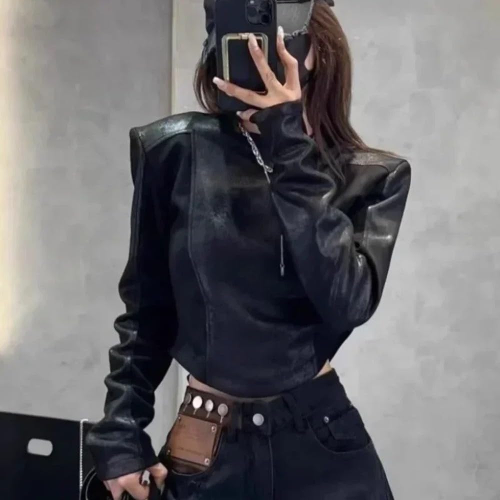 Y2K Retro Style Leather Jacket Long Sleeved T-Shirt Women's Fashion Patchwork Design Sense Short top (Black,Medium)