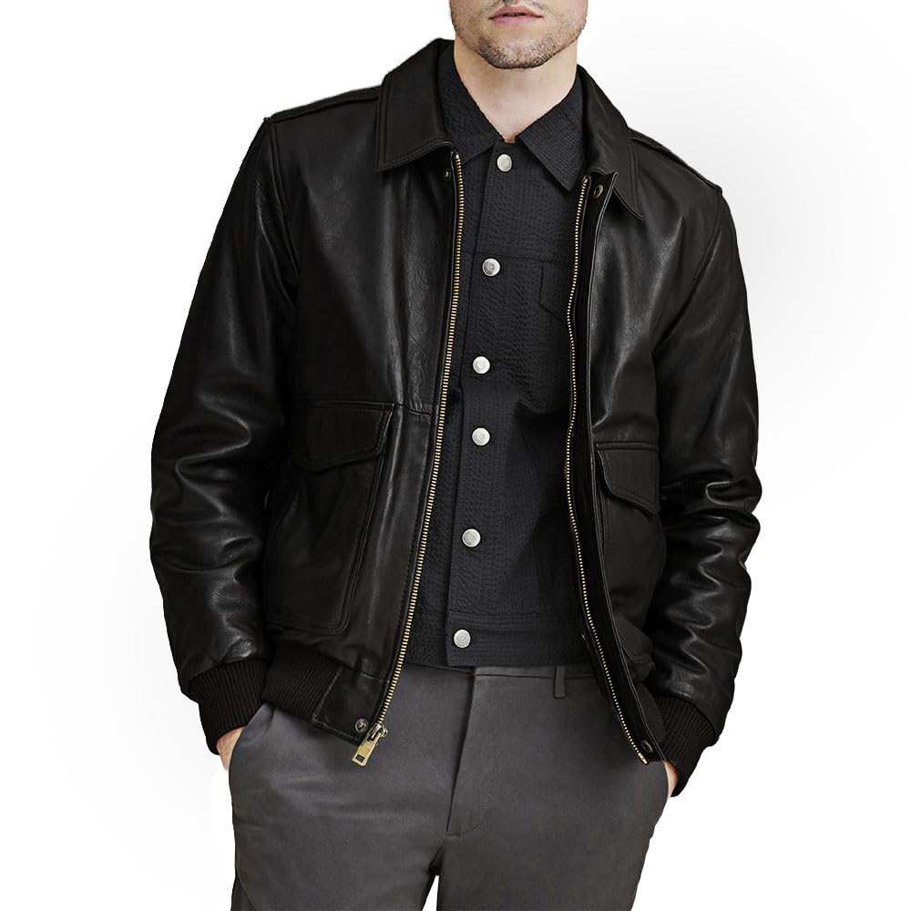 Crafter Men's Classic A2 Aviator WWII Flying Tiger Leather Jacket - Pilot Bomber Leather Jacket With Shirt Collar For Men (US, Alpha, Large, Regular, Regular, Black)