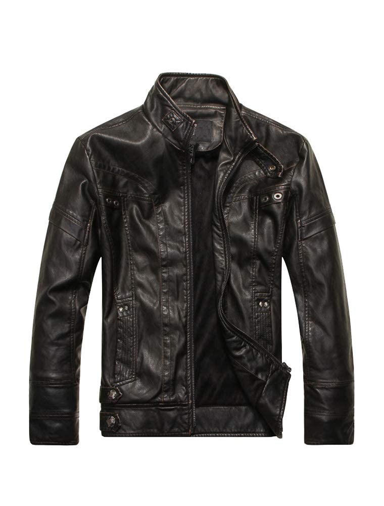 PASOK Men's Faux Leather Jacket Vintage Stand Collar Motorcycle PU Leather Outwear Coat Black L