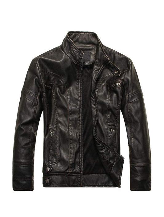 PASOK Men's Faux Leather Jacket Vintage Stand Collar Motorcycle PU Leather Outwear Coat Black L