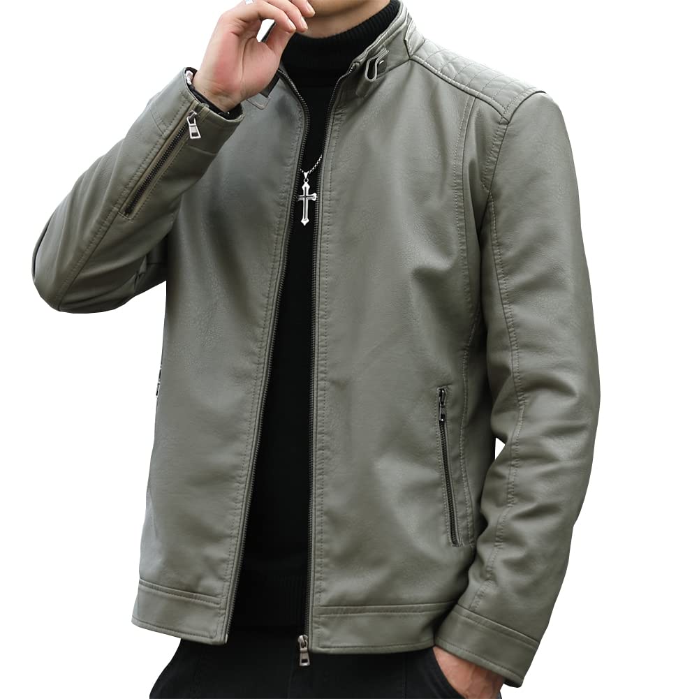 Womleys Mens Casual Stand Collar Faux Leather Jacket Biker Motorcycle Jackets (Pea Green, Medium)