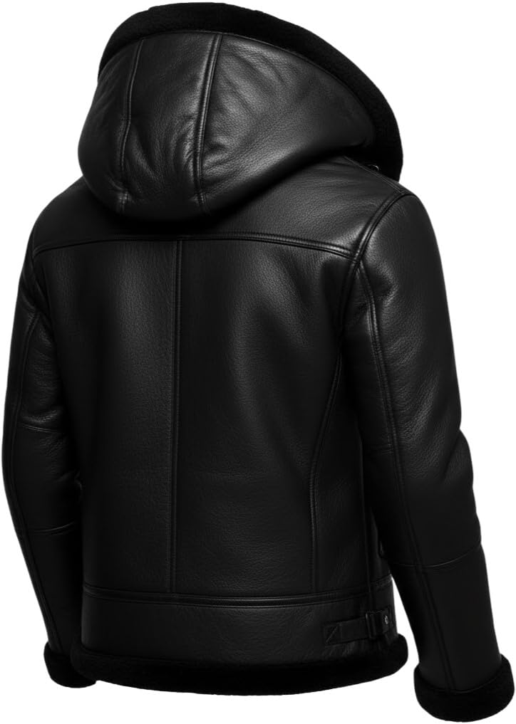 Men's B3 Bomber Shearling Leather Jacket with Hood - RAF Aviator Flight Pilot WWII Real Genuine Bomber Leather Jacket for men (US, Alpha, X-Large, Regular, Regular, Black)