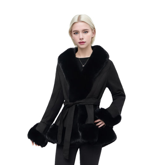 NXBC Winter Faux Fur Coats for Women, Faux Suede Leather Trench Coat Jacket with Belted Waist, Windproof Water Resistant Long Sleeve Parka Outerwear FC008-BLACK-XL