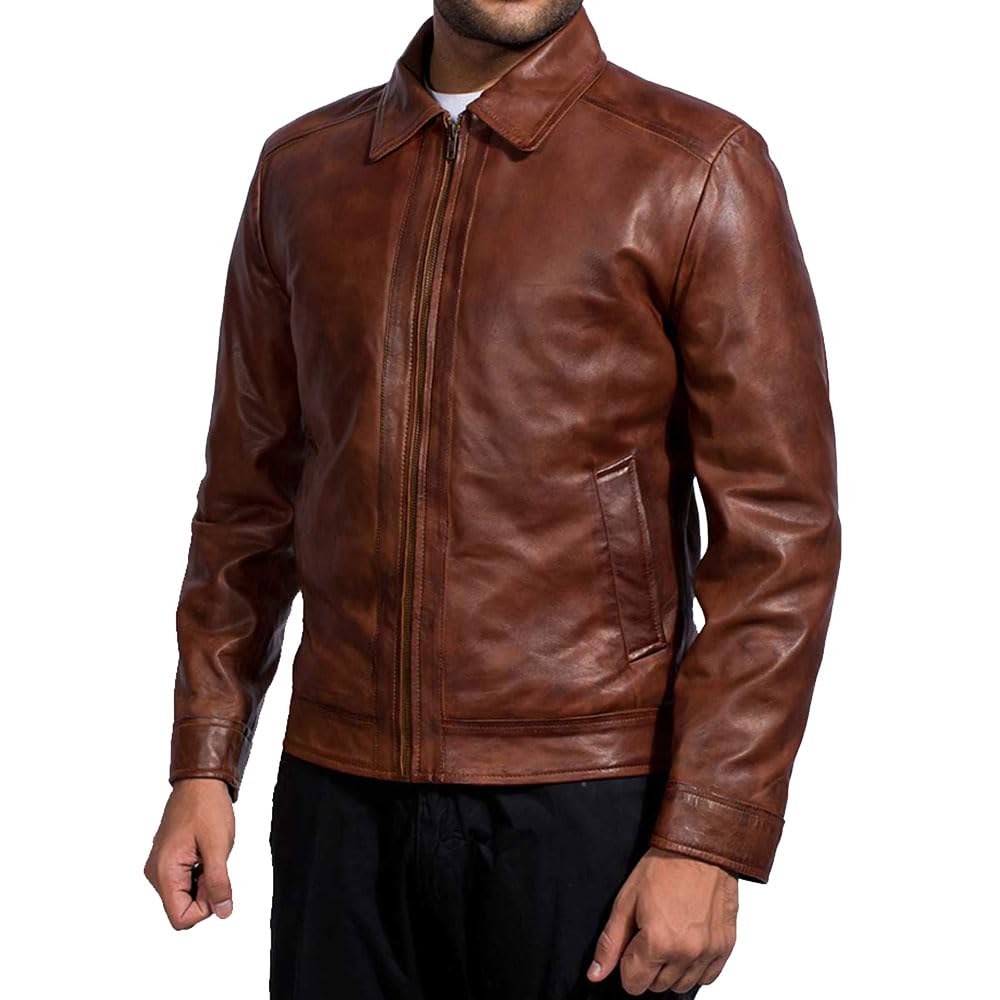 Mens Leather Jacket - Real Lambskin Classic Vintage Style Leather Jackets For Men Brown Leather Jacket for Mens (US, Alpha, Small, Regular, Regular, Brown)