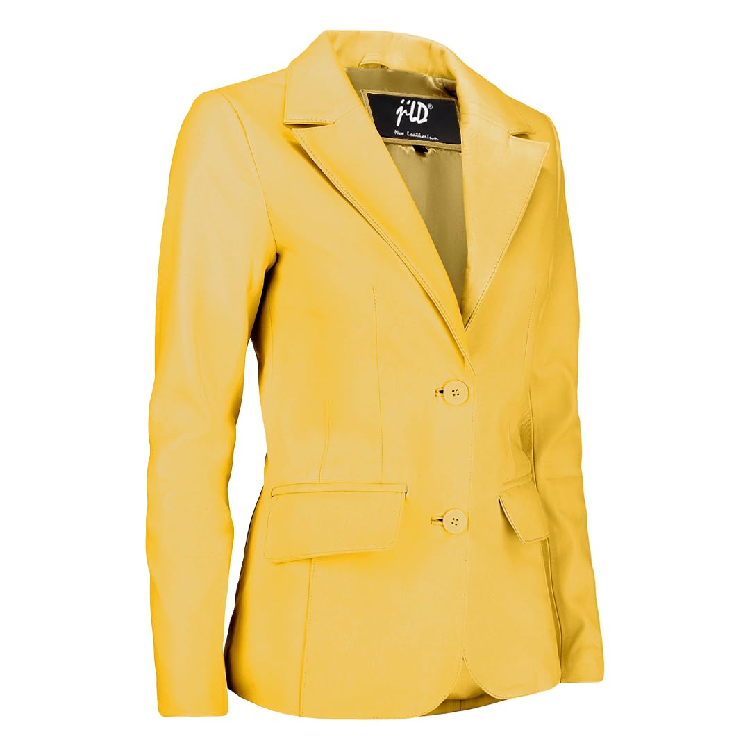 Jild Classic 2-Button Lambskin Leather Blazer Women - Casual Coat Long Sleeves Suit Style Leather Jacket Women (LC-YLW-L)