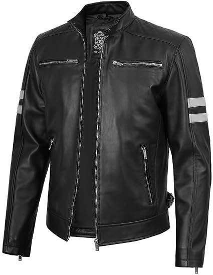 Blingsoul Genuine Leather Biker Jacket Men | [1130776] Gilbert Black & White Stripe, 2XL