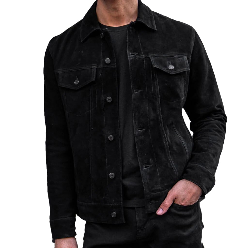 Isaac & David Chicago Vintage Trucker Suede Leather Jacket Men - Denim Biker Cafe Racer Causal Jacket Western Cowboy (US, Alpha, XX-Large, Regular, Regular, Black)