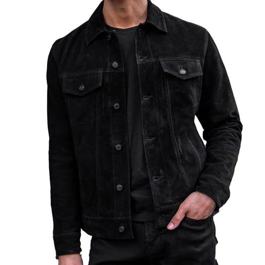 Isaac & David Chicago Vintage Trucker Suede Leather Jacket Men - Denim Biker Cafe Racer Causal Jacket Western Cowboy (US, Alpha, XX-Large, Regular, Regular, Black)