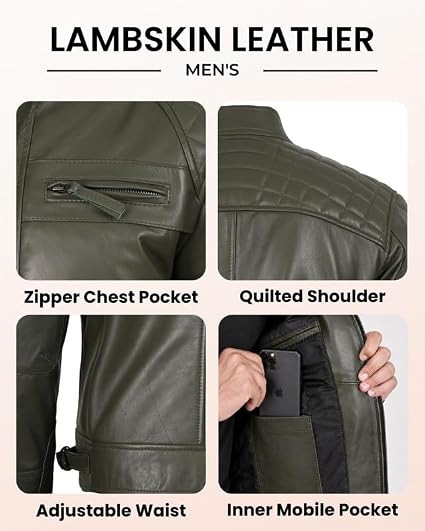 Blingsoul Quilted Cafe Racer Style Mens Leather Jackets | [1123973] D-1 Olive Green, M