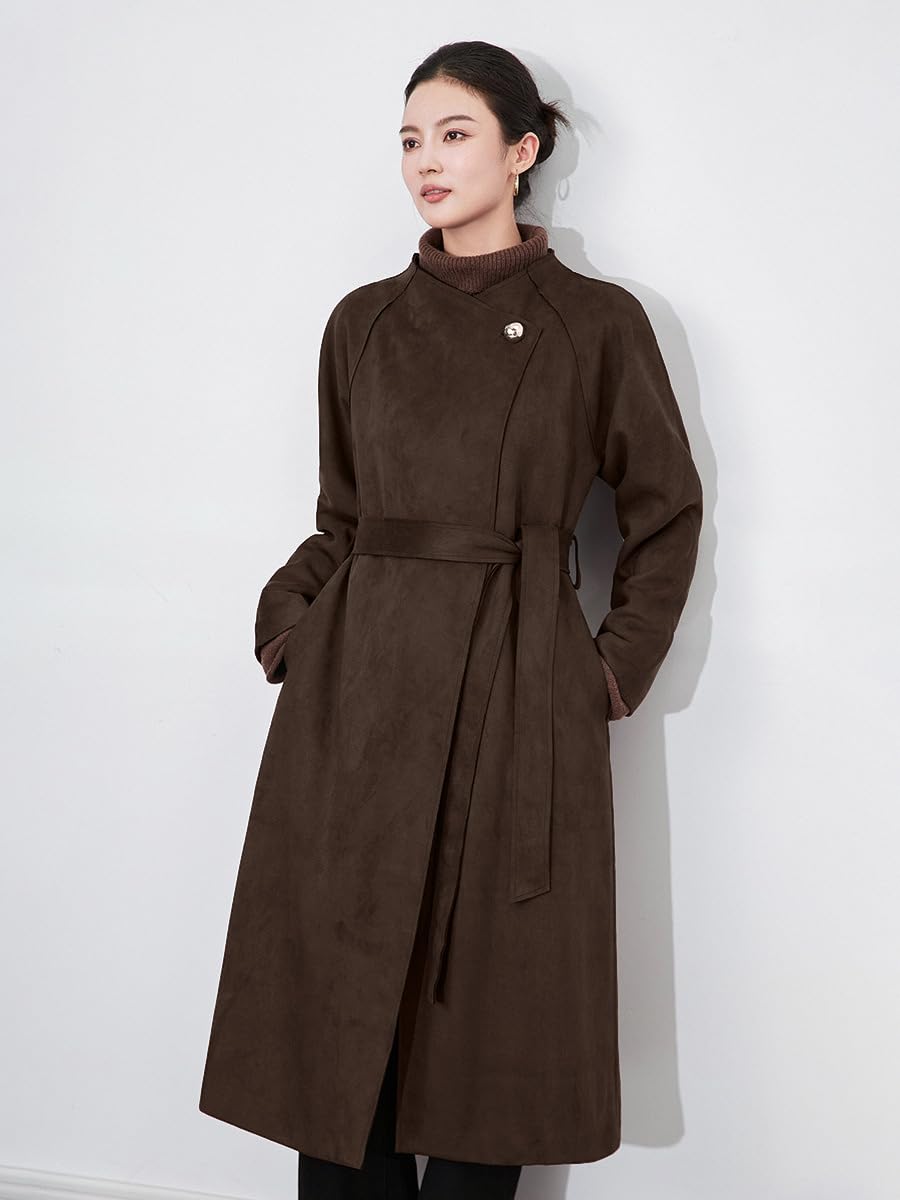 utcoco Womens Faux Suede Long Trench Coat Open Front Leather Trench Overcoat with Belt (Medium, Dark Brown)