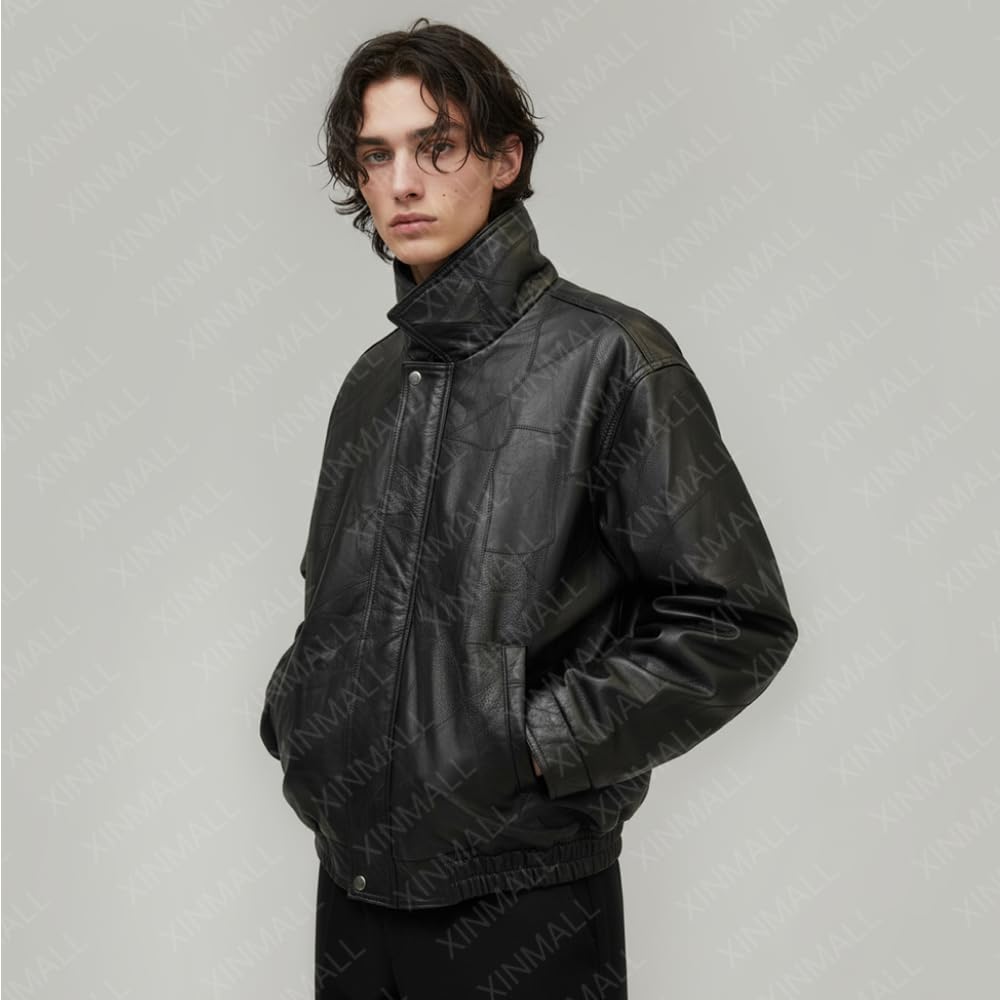 XINMALL Men’s Genuine Leather Motorcycle Jacket Black Bomber Style Zip-Up Baseball Collar Biker Leather Coat (US, Alpha, Medium, Regular, Regular)