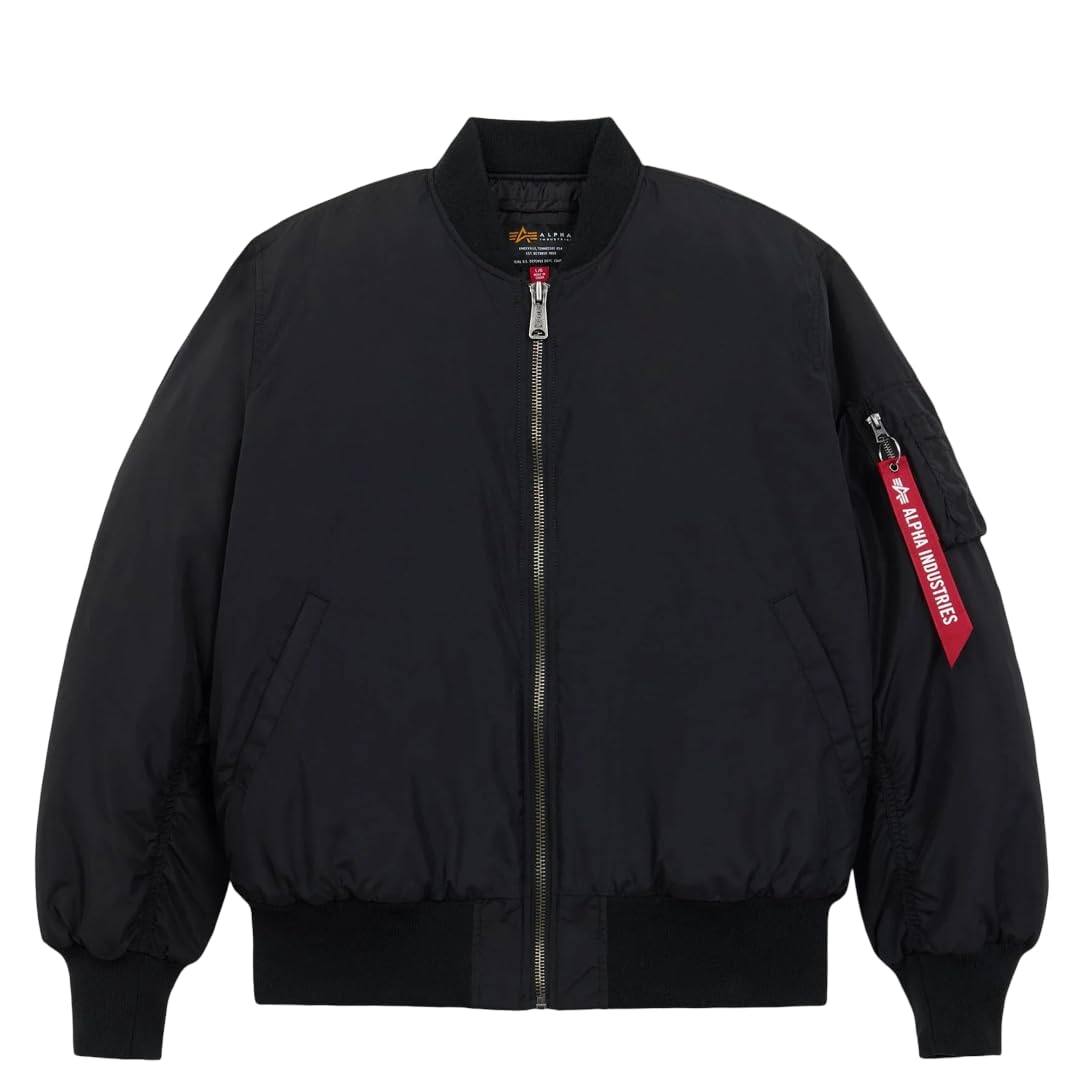 Alpha Industries MA-1 Oxford Flight Jacket for Men Lightweight Oxford Nylon Bomber Jacket with Utility Sleeve Pocket Ribbed Knit Cuffs Hem Collar Relaxed Fit Zipper Closure Army Air Force, Black, S
