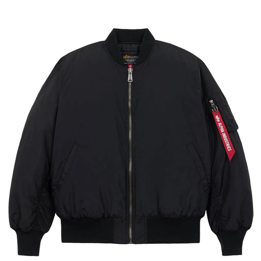 Alpha Industries MA-1 Oxford Flight Jacket for Men Lightweight Oxford Nylon Bomber Jacket with Utility Sleeve Pocket Ribbed Knit Cuffs Hem Collar Relaxed Fit Zipper Closure Army Air Force, Black, S