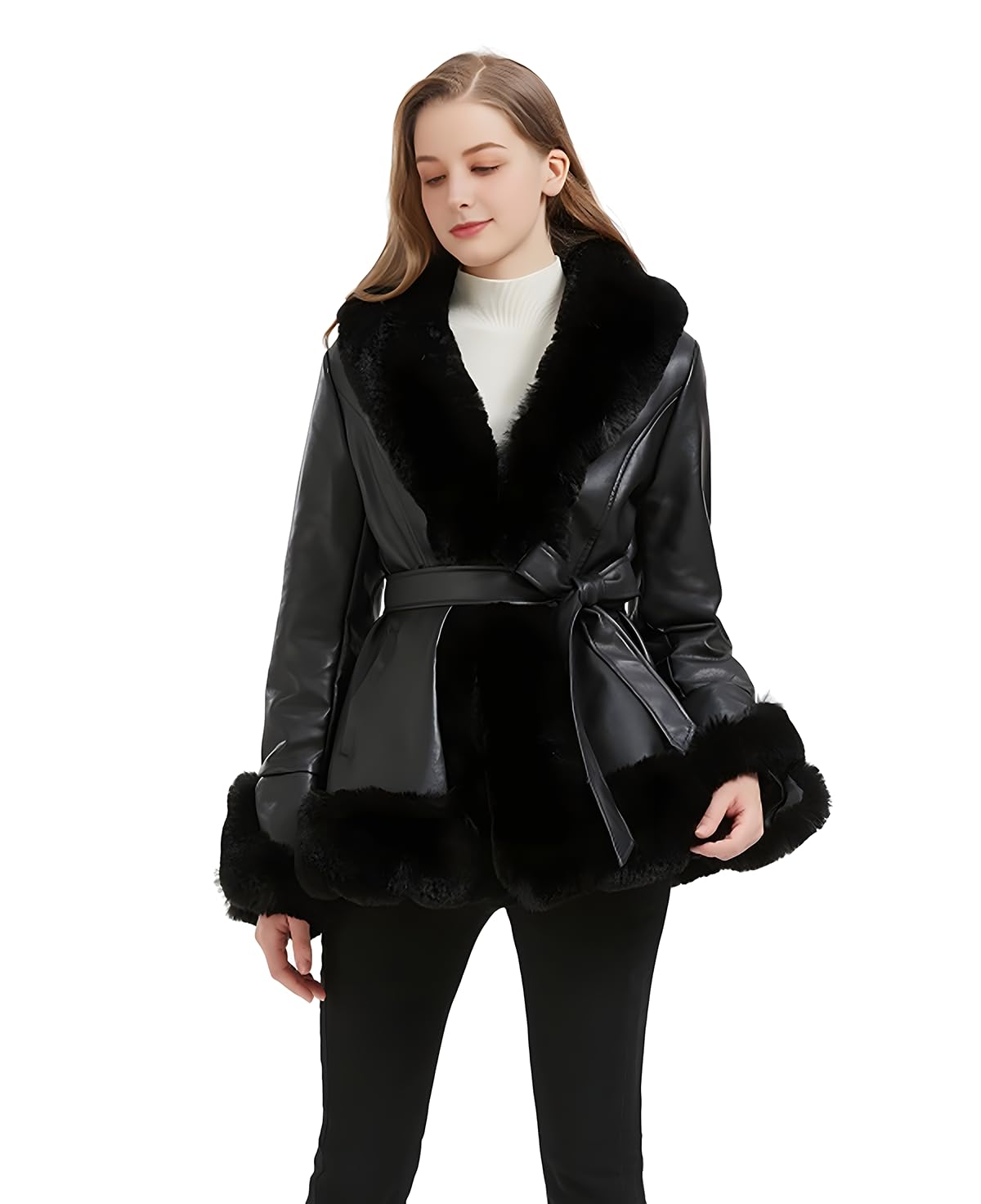 GRAN ORIENTE Faux Leather Jacket for Women with Faux Fur Collar Long Sleeve Fuzzy Parka Overcoat with Warm Trimmed Winter Peplum Coat Belted (GK007 Black M)