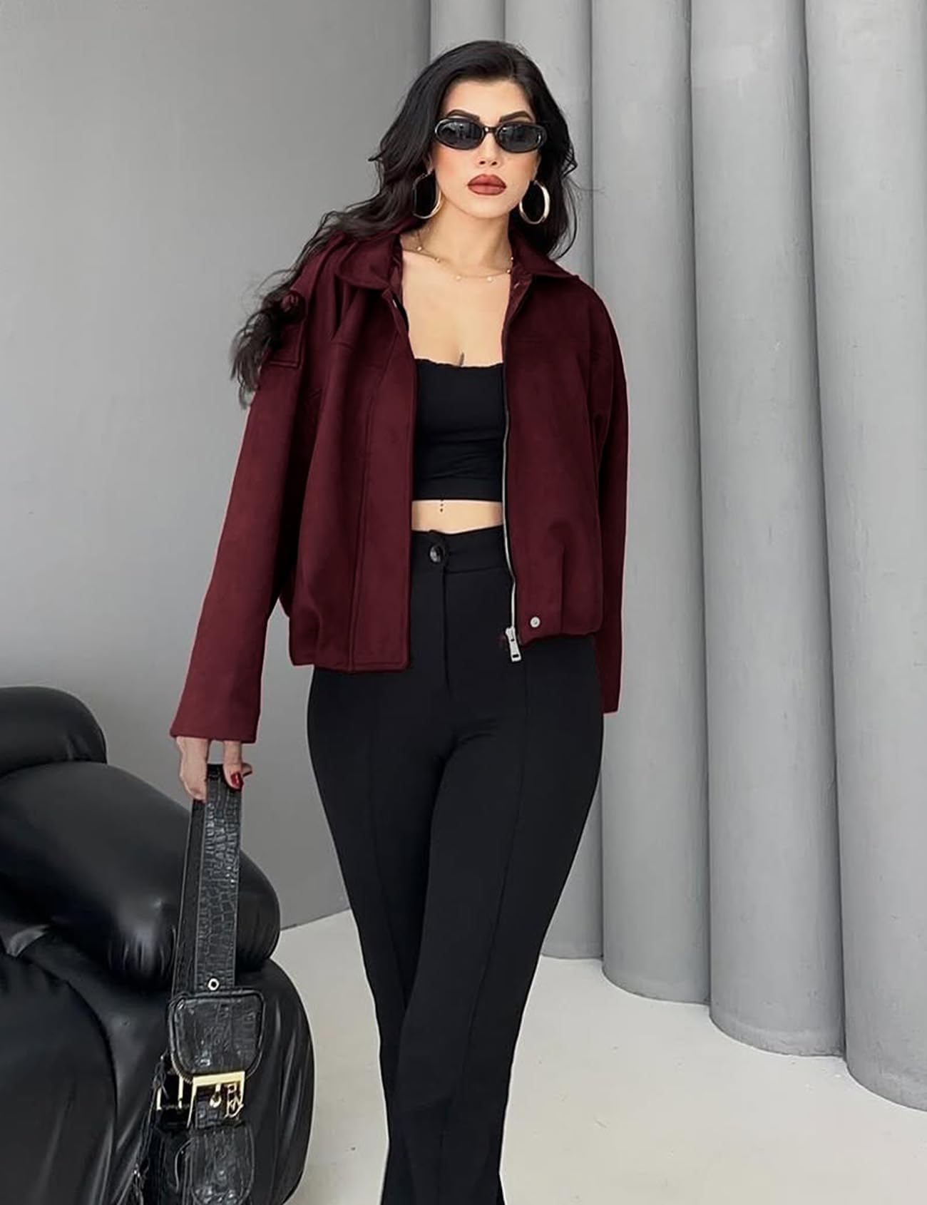 Kissonic Women's Oversized Jackets Faux Suede Bomber Jacket Lapel Pilot Cropped Casual Coat for Streetwear Outerwear(WineRed-L)