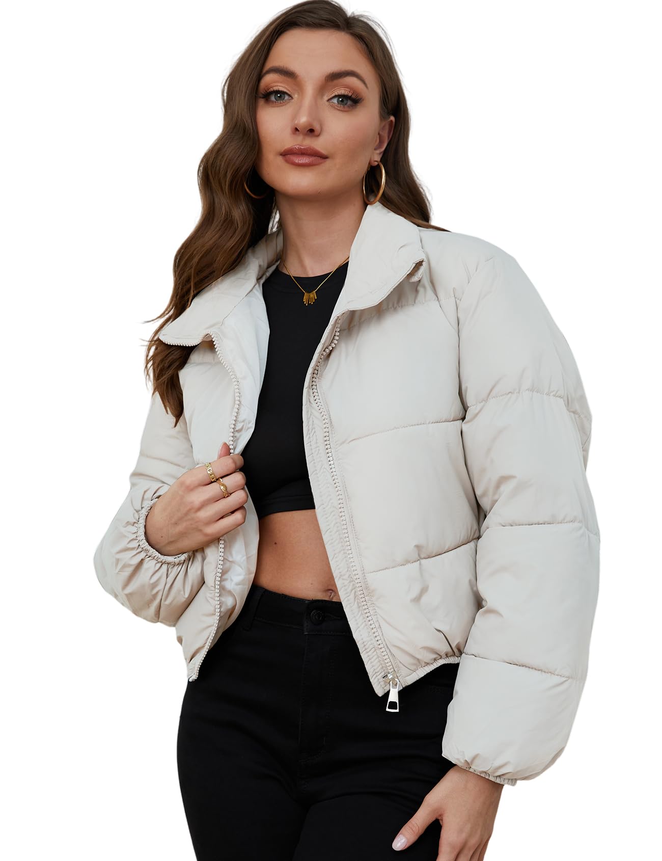 Yimoon Women's Cropped Puffer Jacket Quilted Lightweight Stand Collar Full Zip Short Down Jacket (White-M)