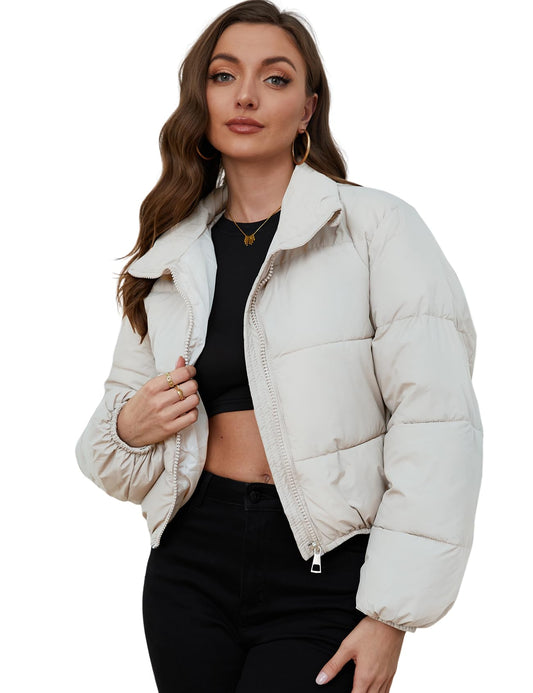 Yimoon Women's Cropped Puffer Jacket Quilted Lightweight Stand Collar Full Zip Short Down Jacket (White-M)