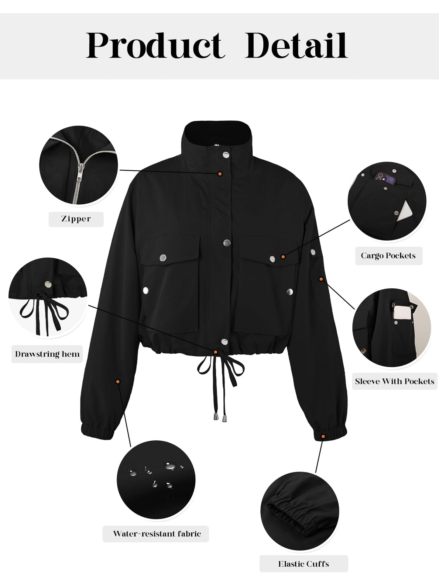 UEAL Womens Lightweight Cropped Bomber Jacket With Pockets Black L