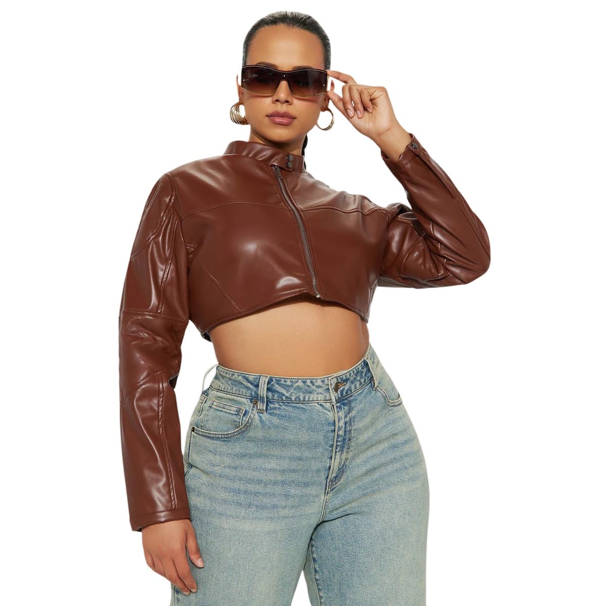 Charyeah Women's Faux Leather Jacket Cropped Leather Jacket Women Bomber Motorcycle Jacket y2k Jacket (US, Alpha, Small, Regular, Regular, Brown)