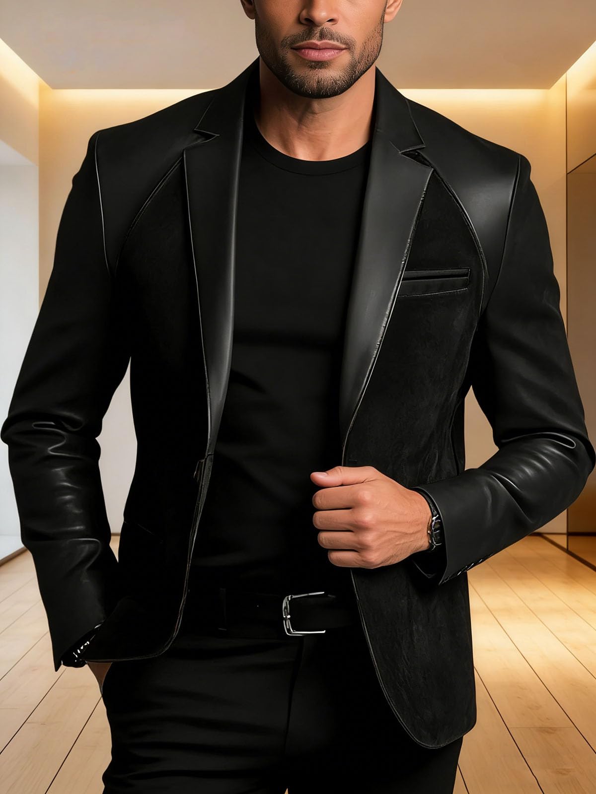 Men's Suede Suit Coat PU Splicing Leather Lapel Single Breasted Tuxedos Blazer Party Jacket Brown M