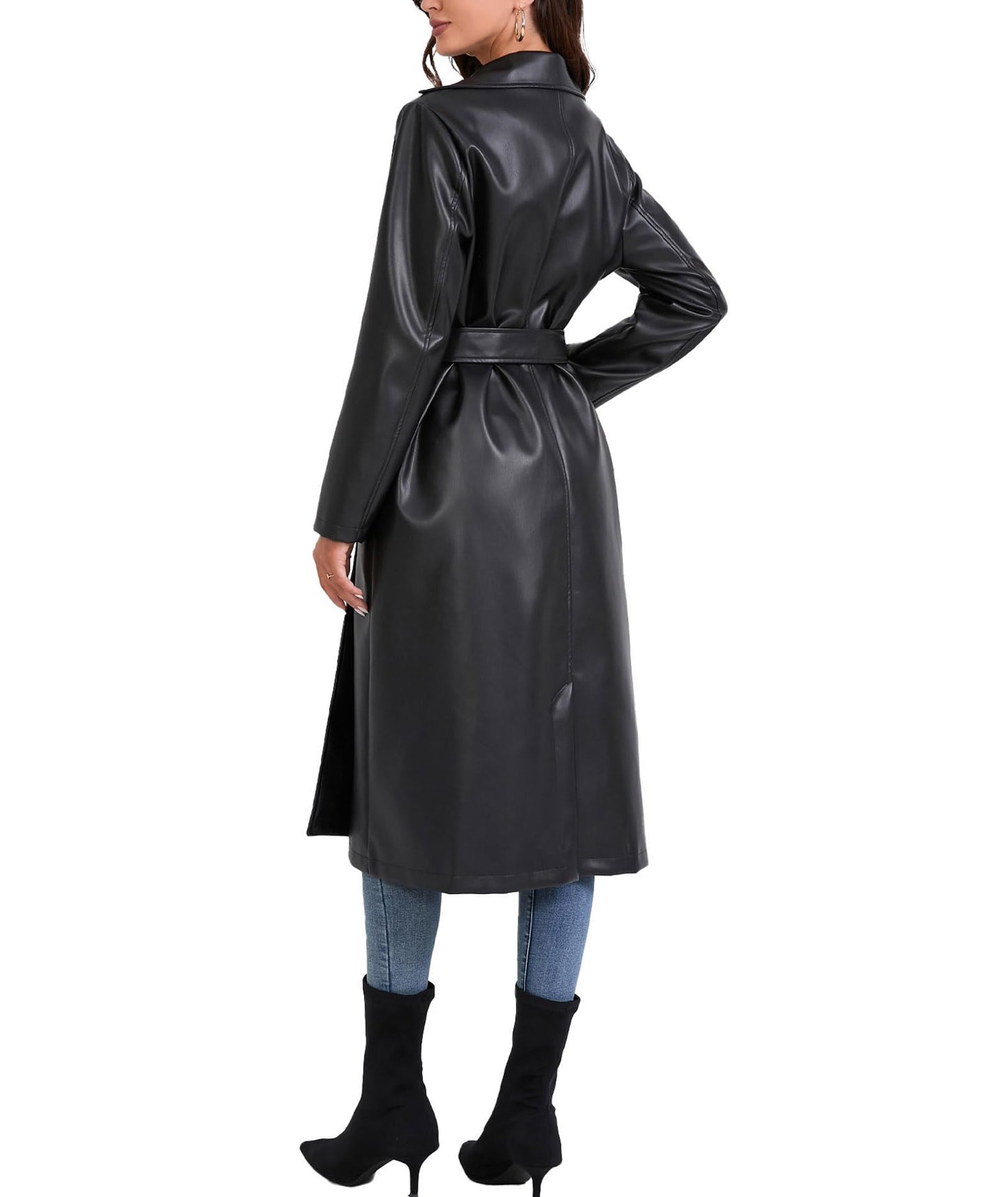 xxxiticat Women's Leather Trench Coat Long Sleeve Open Front Motorcycle Lapel Belted Tie Long Black Faux Leather Jacket(BL,S)