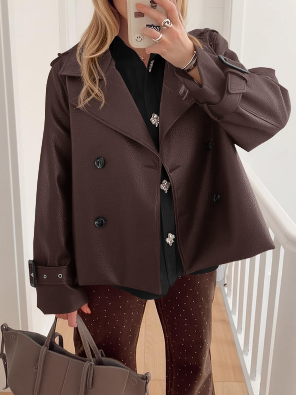 Yousify Womens Textured Faux Leather Jackets Oversized Button Down Motorcycle Clothes Casual Fall Trendy Coat Outerwear