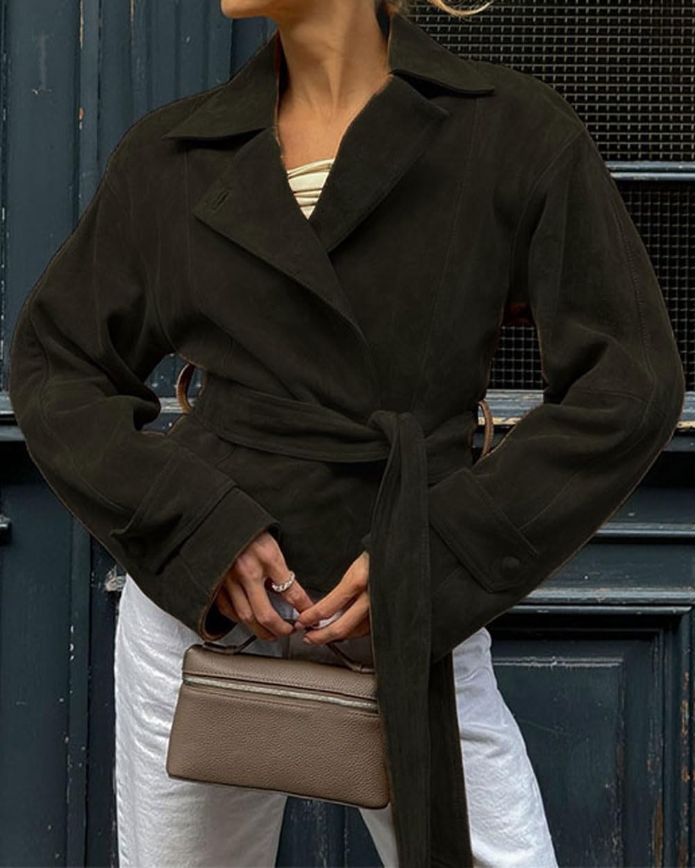 CHARTOU Faux Suede Leather Jacket 2025 Vintage Casual Cropped Wrap Coat with Belt (Large,Green)